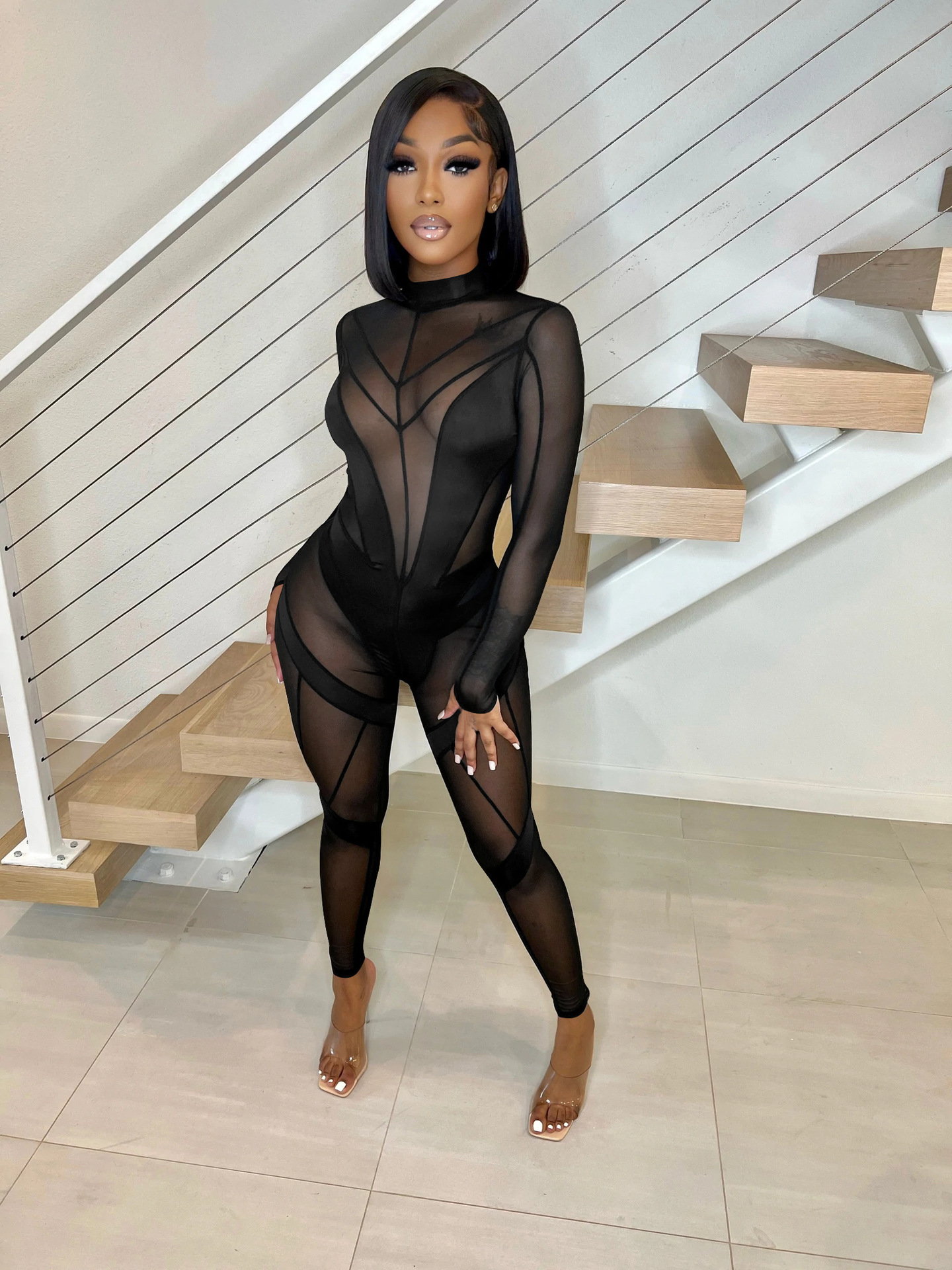 Women's Mid-collar Sheer Mesh Stitching Jumpsuit 1720268752400027648