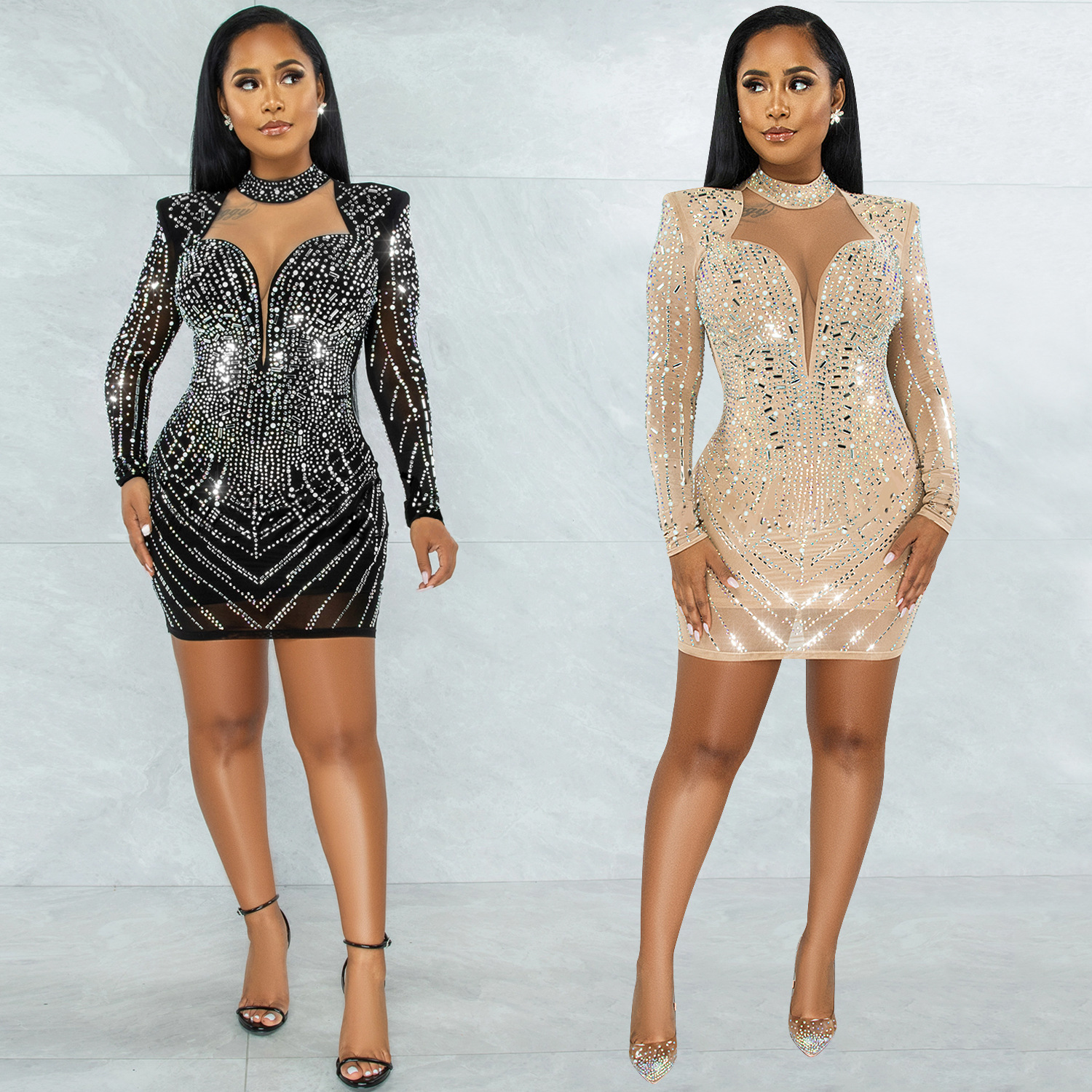 Sexy Deep V Nightclub Party Formal Dress Hot Drilling Mesh See-through 1721493710023299072