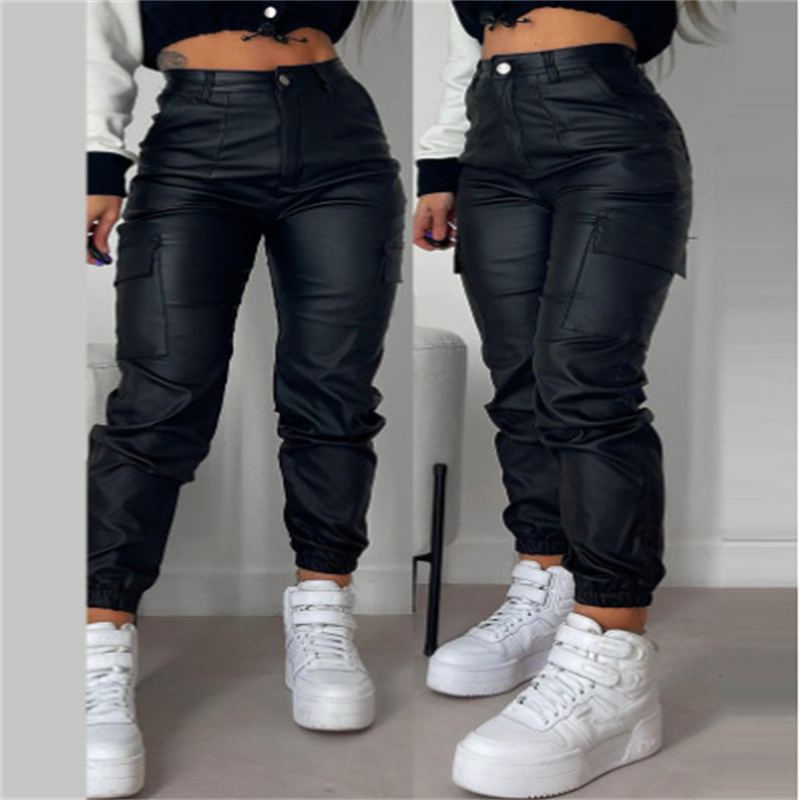 Zipper Pleated PU Casual Patch Pocket Skinny Pencil Trousers 1722902564246261760
