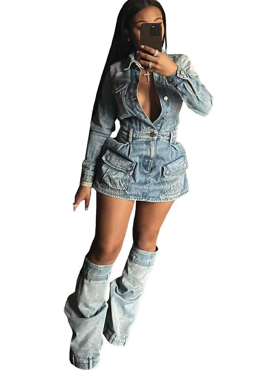 Women's Multi-pocket Washed Denim Dress 1723957168832647168